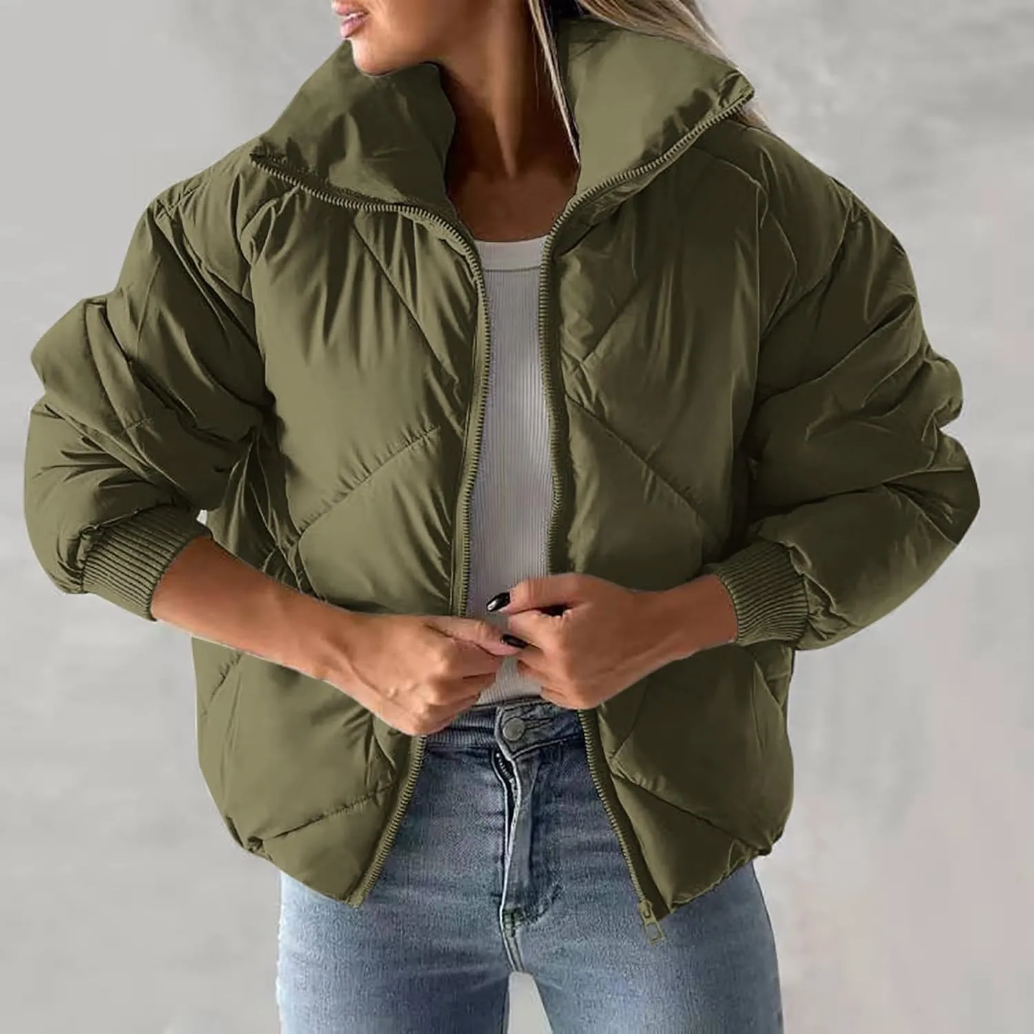 Puffer Jacket Womens Quilted Jacket Warm Comfy Zip Up Jacket Trendy Lapel Down Jacket Padded Outerwear Coats