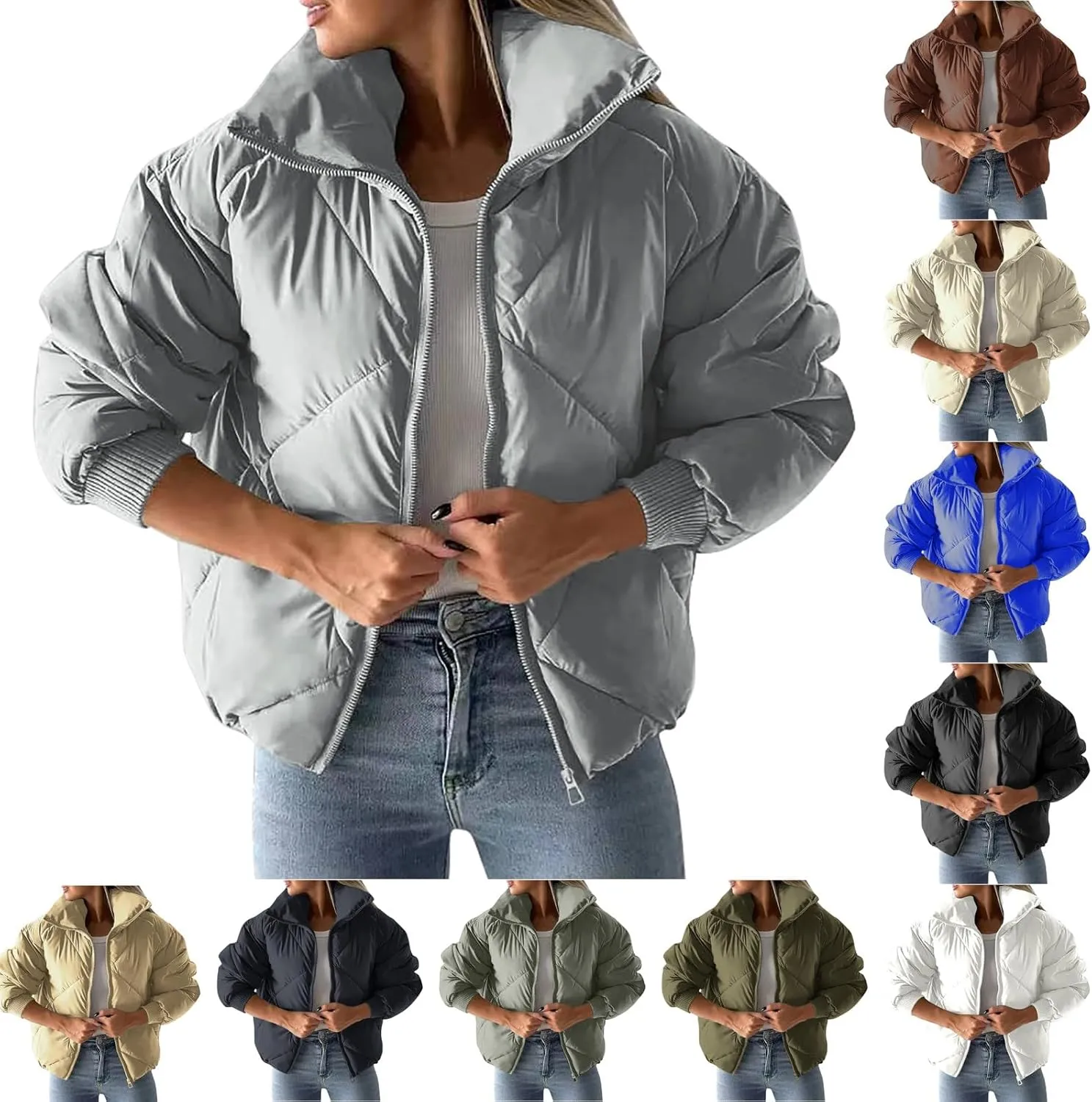 Puffer Jacket Womens Quilted Jacket Warm Comfy Zip Up Jacket Trendy Lapel Down Jacket Padded Outerwear Coats