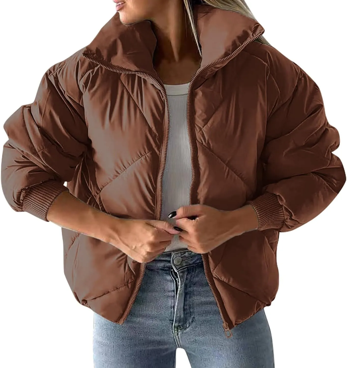 Puffer Jacket Womens Quilted Jacket Warm Comfy Zip Up Jacket Trendy Lapel Down Jacket Padded Outerwear Coats