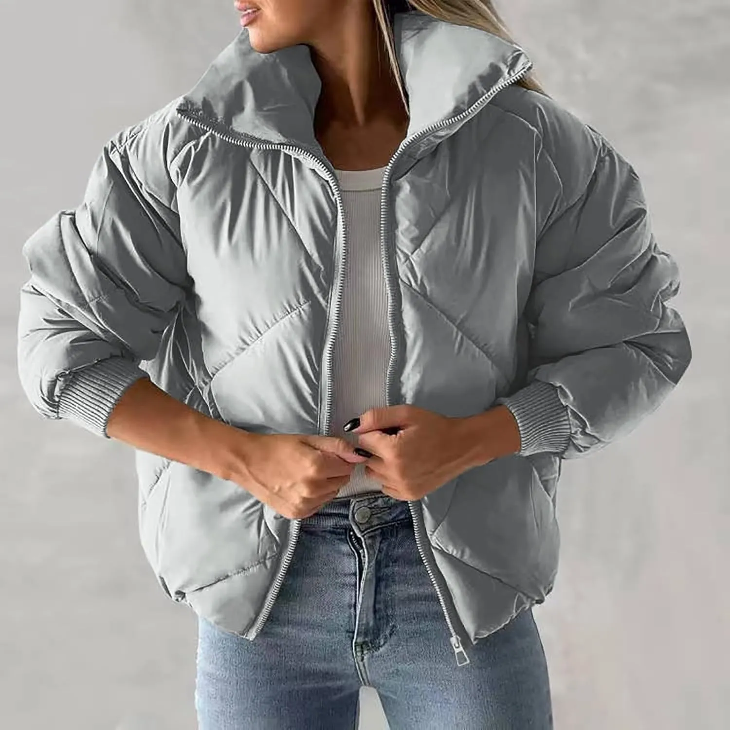 Puffer Jacket Womens Quilted Jacket Warm Comfy Zip Up Jacket Trendy Lapel Down Jacket Padded Outerwear Coats