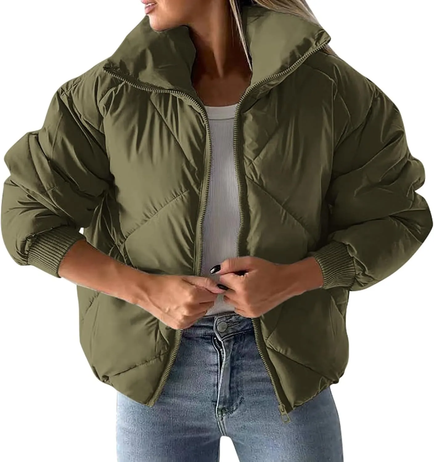 Puffer Jacket Womens Quilted Jacket Warm Comfy Zip Up Jacket Trendy Lapel Down Jacket Padded Outerwear Coats