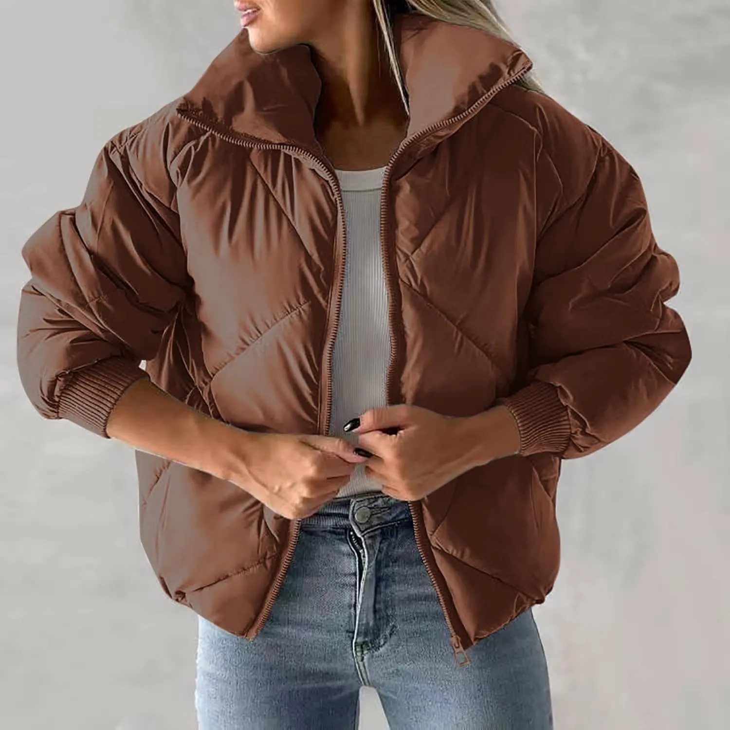 Puffer Jacket Womens Quilted Jacket Warm Comfy Zip Up Jacket Trendy Lapel Down Jacket Padded Outerwear Coats