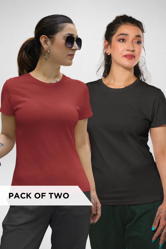 Red and Black Plain T-shirts Combo for Women