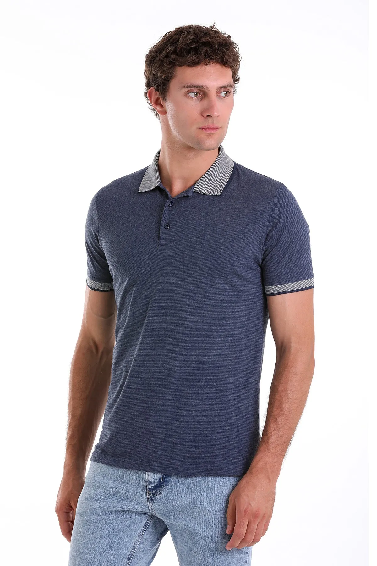 Regular Fit Cotton Blend Indigo Polo T-Shirt