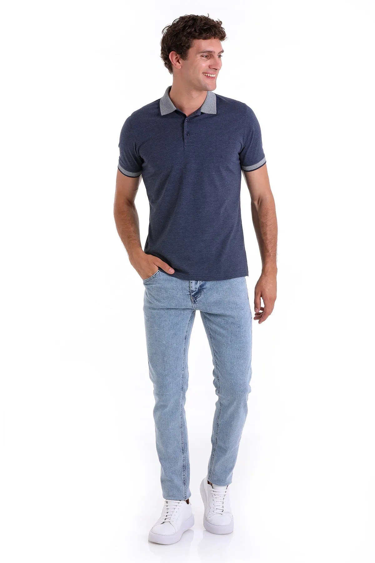 Regular Fit Cotton Blend Indigo Polo T-Shirt