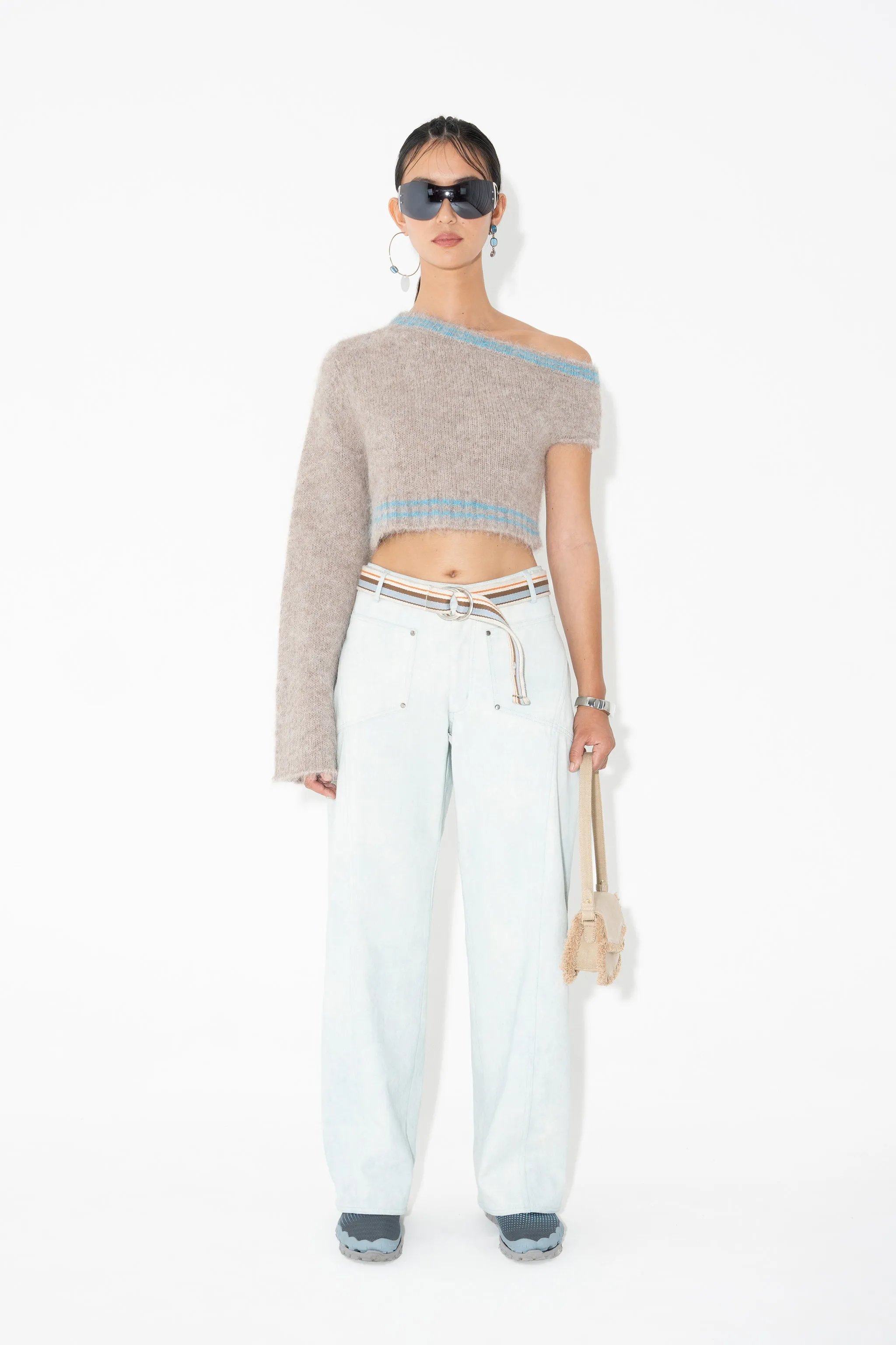 SINGLE-SHOULDER FLUFF SWEATER in Neutral w/ Stripe