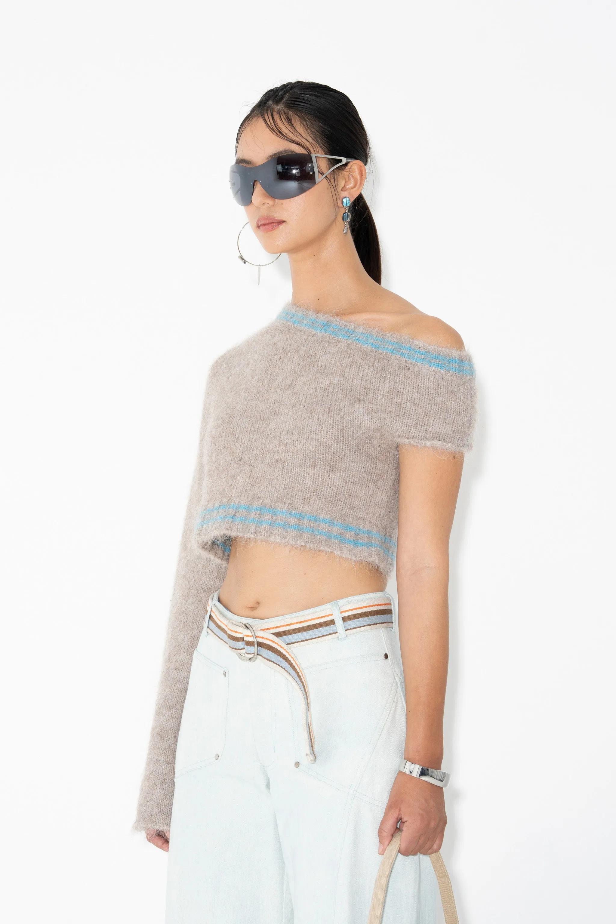 SINGLE-SHOULDER FLUFF SWEATER in Neutral w/ Stripe