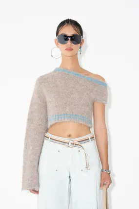 SINGLE-SHOULDER FLUFF SWEATER in Neutral w/ Stripe