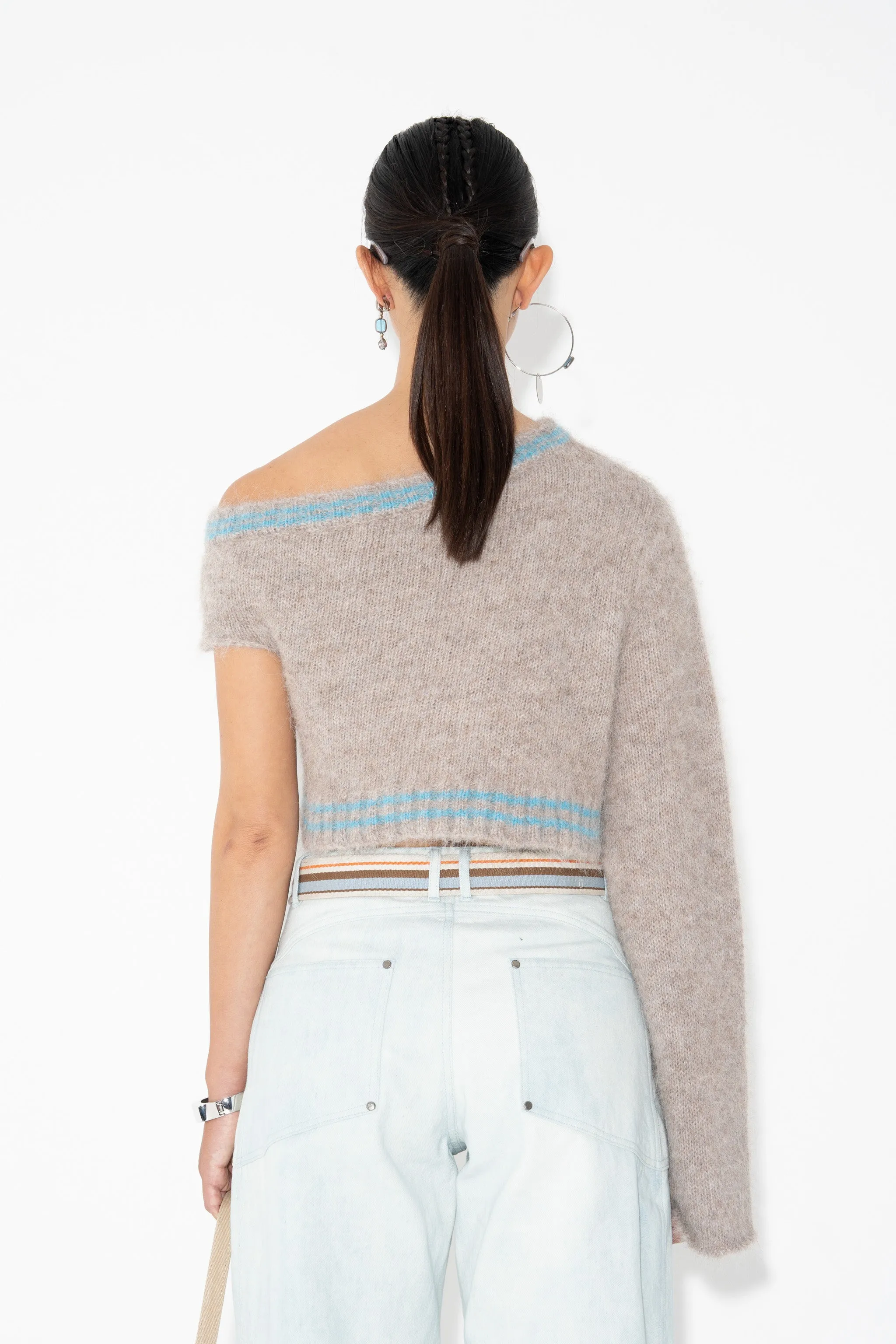 SINGLE-SHOULDER FLUFF SWEATER in Neutral w/ Stripe