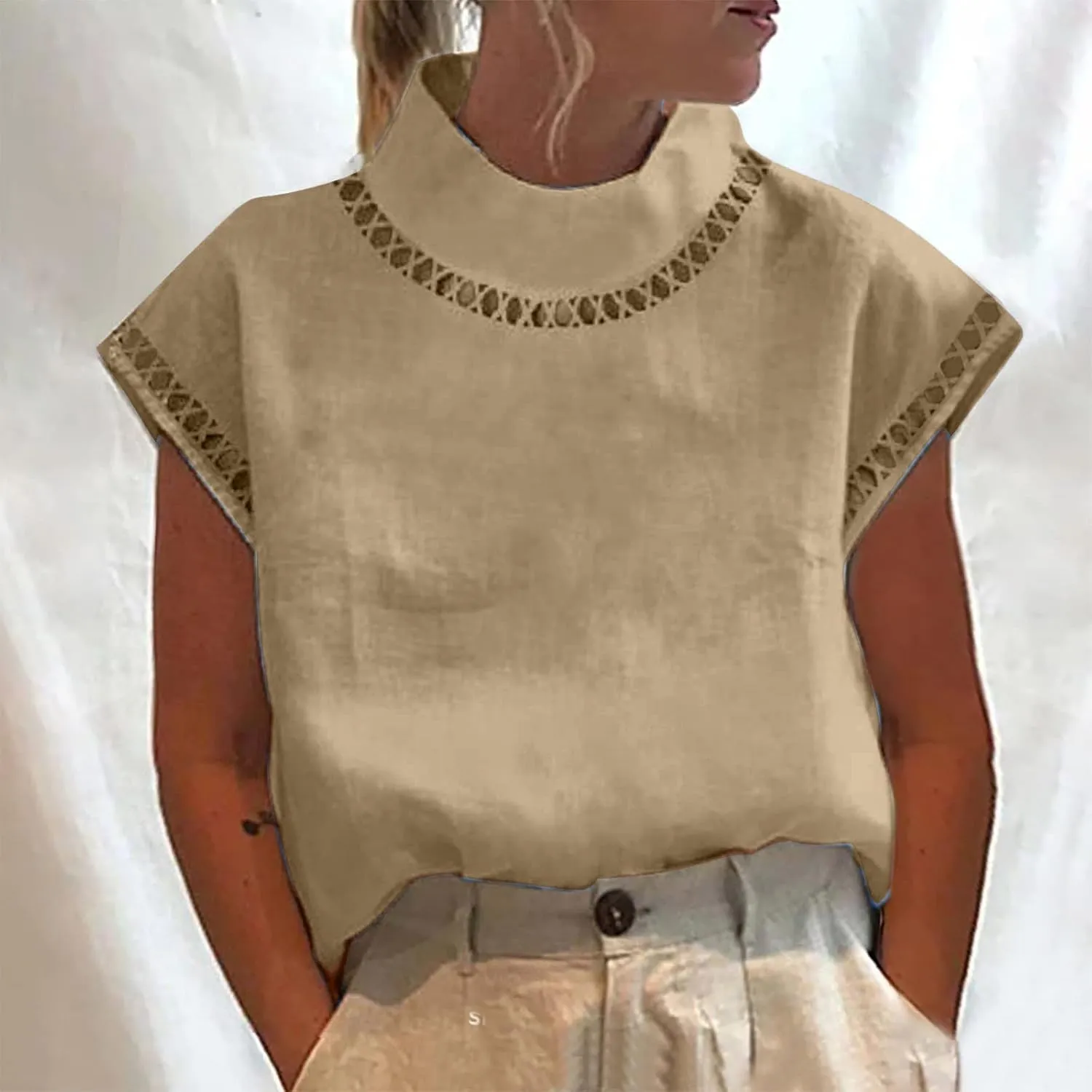 T Shirt for Women Fall Winter Cap Sleeve High Neck Linen Loose Fit Long Cardigan Plain Tops T Shirt Women 2024