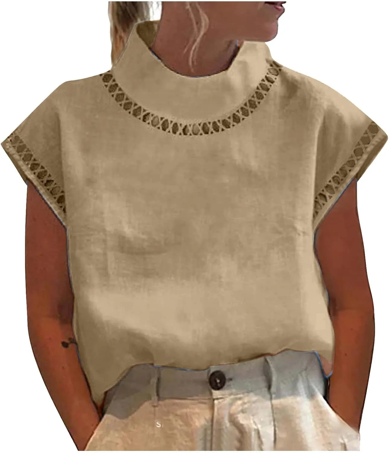 T Shirt for Women Fall Winter Cap Sleeve High Neck Linen Loose Fit Long Cardigan Plain Tops T Shirt Women 2024