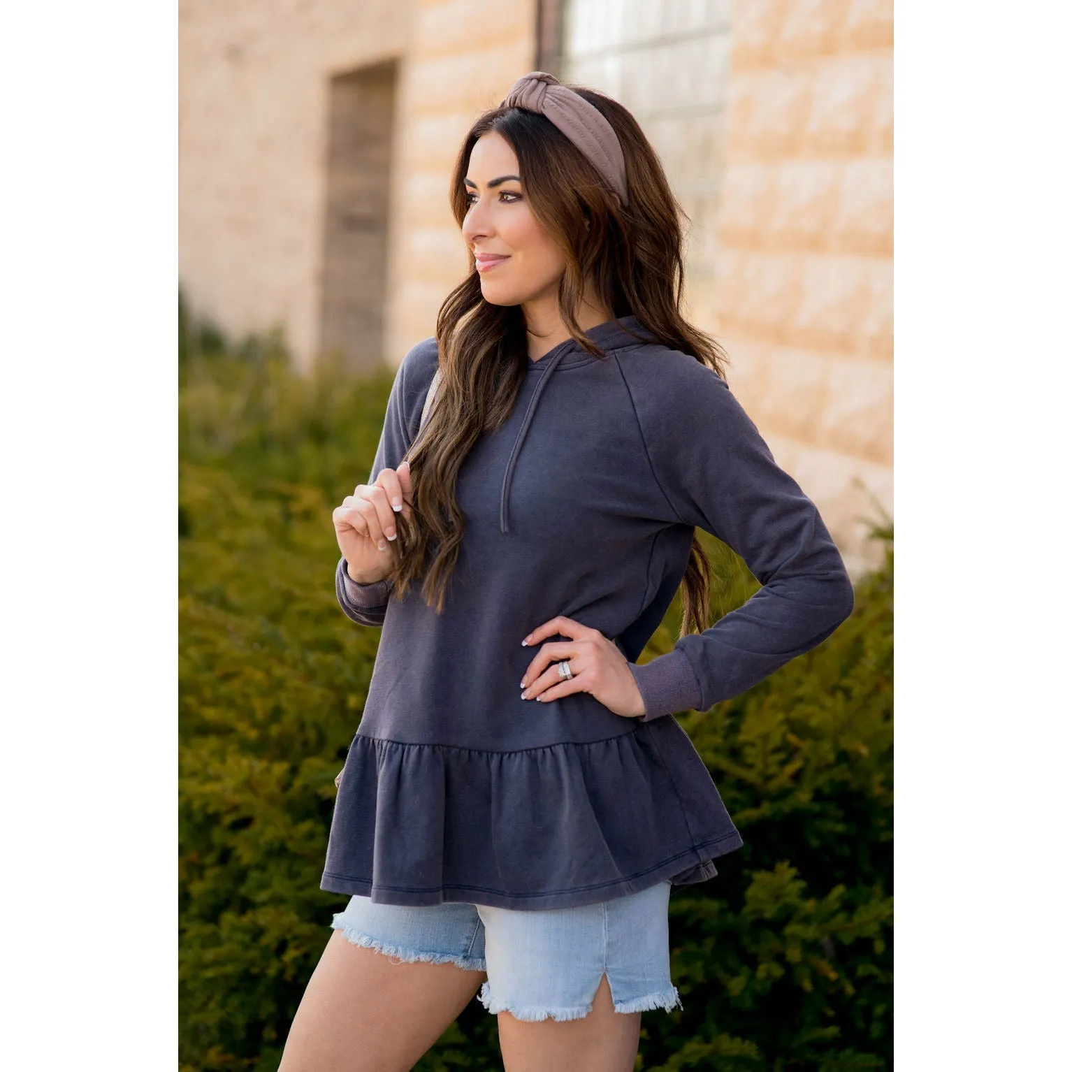 Vibrant Vintage Wash Micro Peplum Hoodie