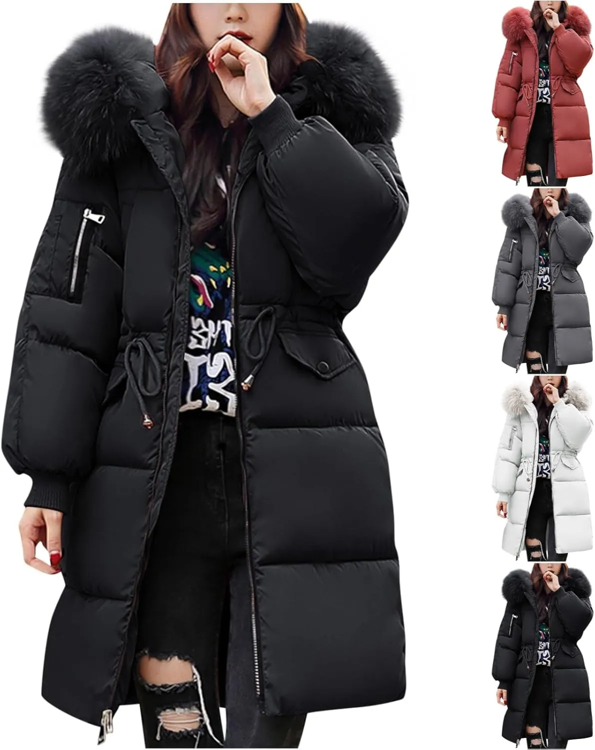 Winter Coats for Women with Faux Fur Hood Cotton Padded Down Jacket Mid Length Overcoat Warm Paraka Zipper Coat
