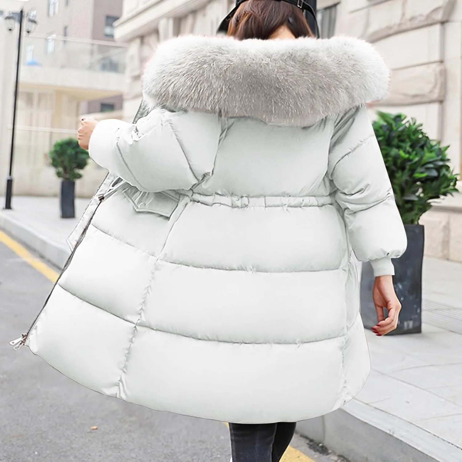 Winter Coats for Women with Faux Fur Hood Cotton Padded Down Jacket Mid Length Overcoat Warm Paraka Zipper Coat
