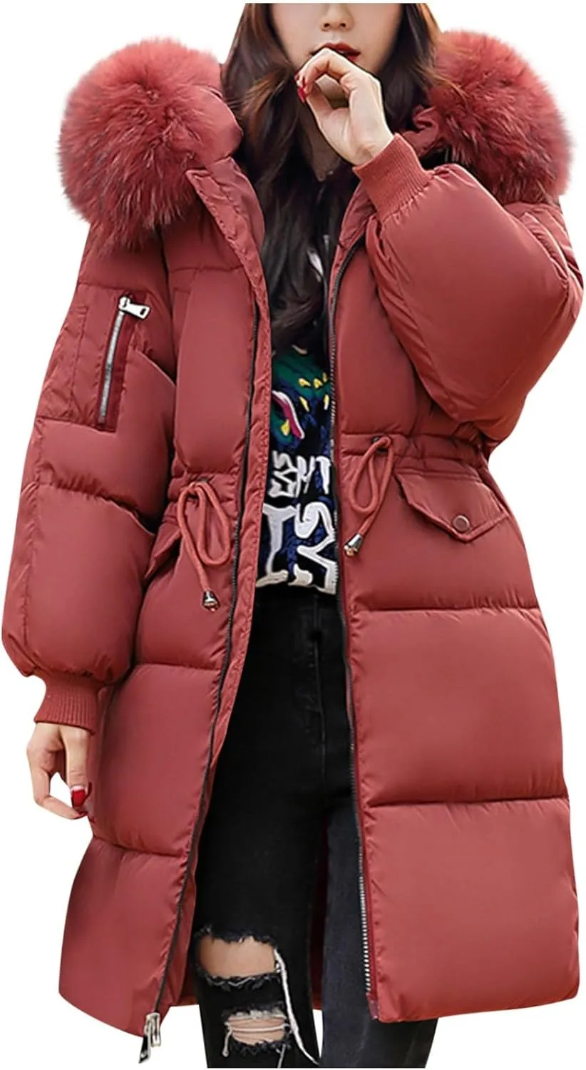 Winter Coats for Women with Faux Fur Hood Cotton Padded Down Jacket Mid Length Overcoat Warm Paraka Zipper Coat