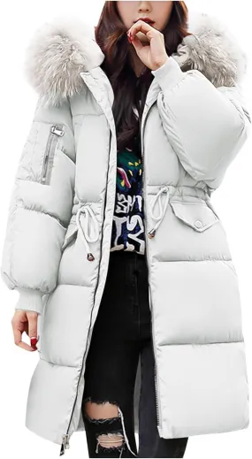 Winter Coats for Women with Faux Fur Hood Cotton Padded Down Jacket Mid Length Overcoat Warm Paraka Zipper Coat