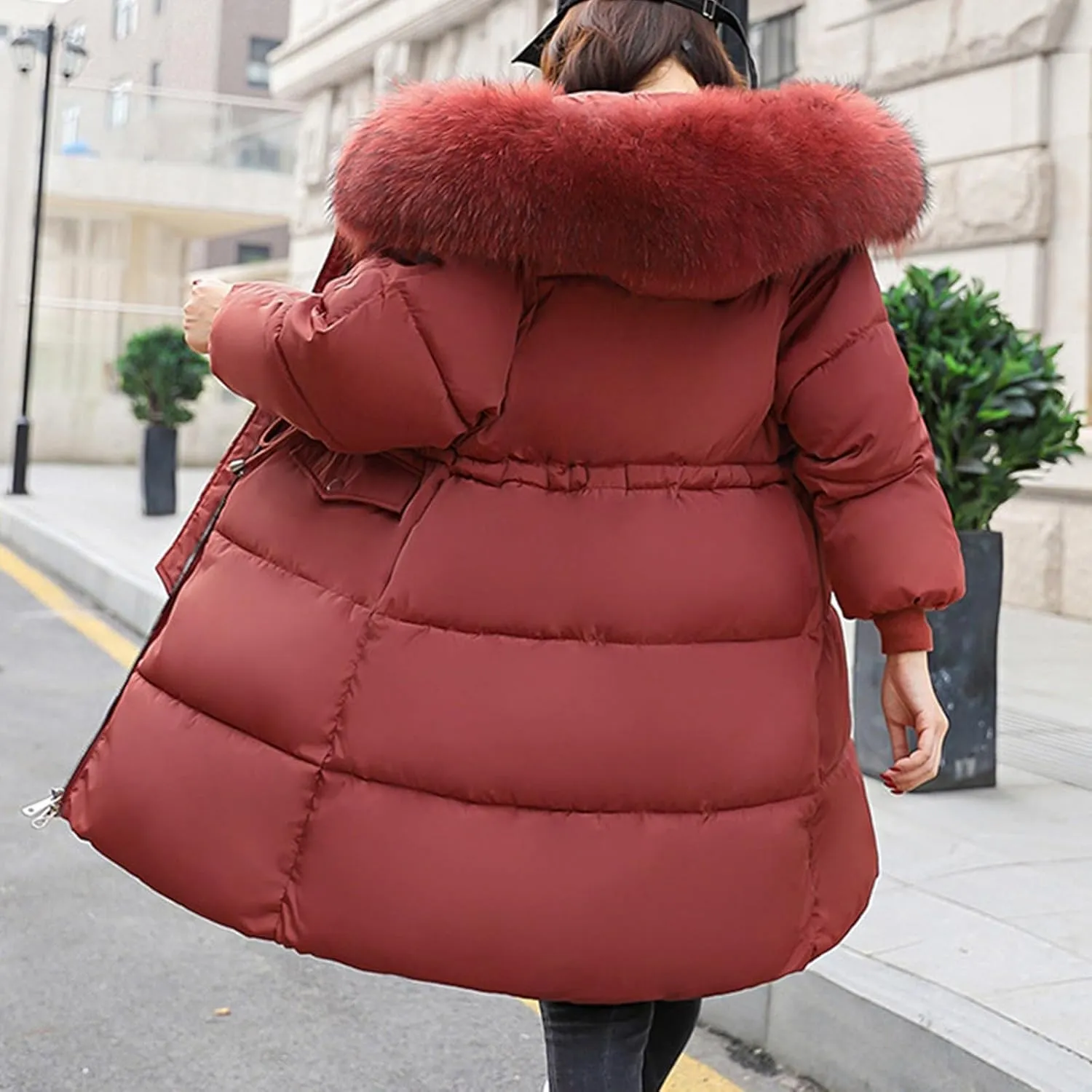 Winter Coats for Women with Faux Fur Hood Cotton Padded Down Jacket Mid Length Overcoat Warm Paraka Zipper Coat