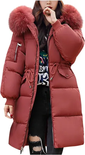 Winter Coats for Women with Faux Fur Hood Cotton Padded Down Jacket Mid Length Overcoat Warm Paraka Zipper Coat