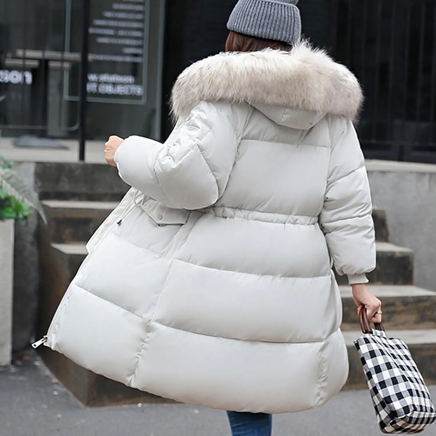 Winter Coats for Women with Faux Fur Hood Cotton Padded Down Jacket Mid Length Overcoat Warm Paraka Zipper Coat