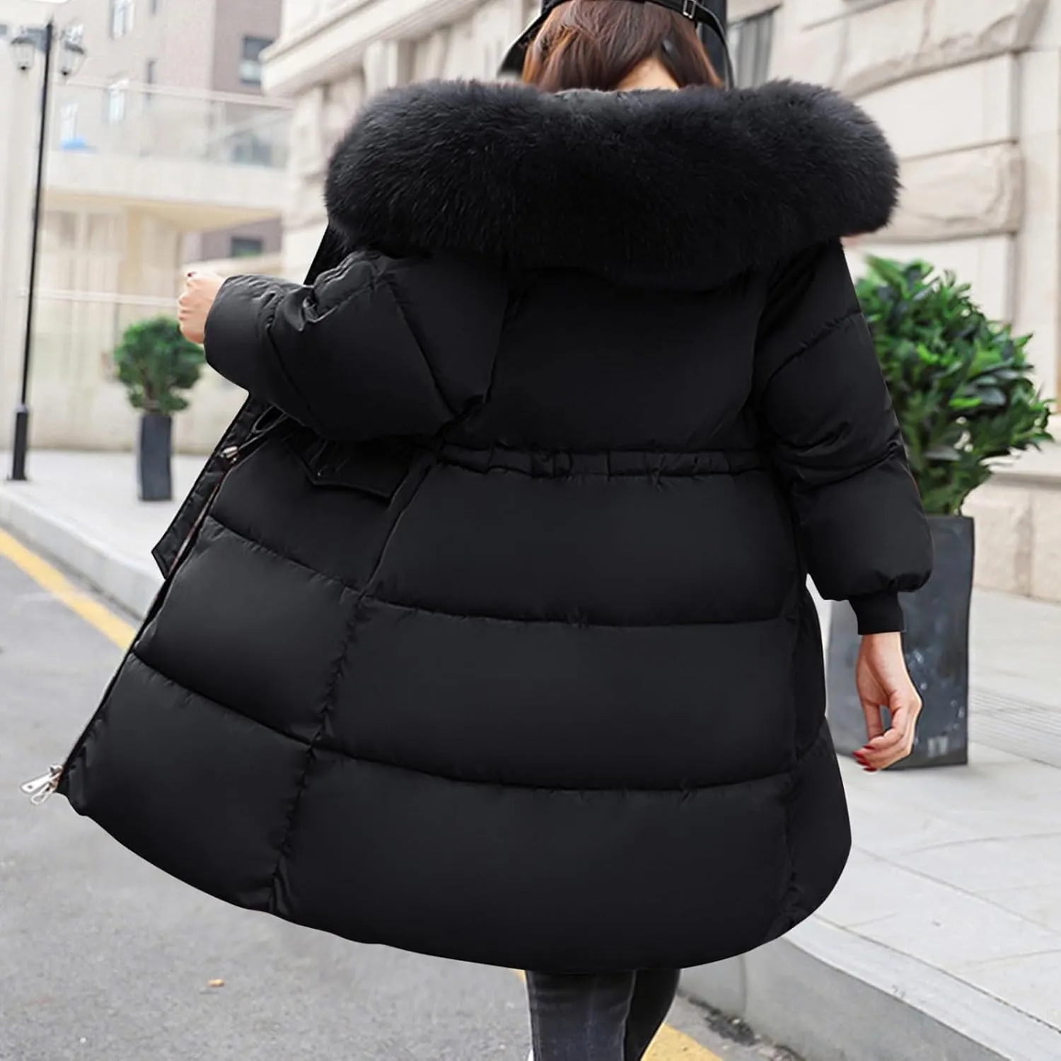 Winter Coats for Women with Faux Fur Hood Cotton Padded Down Jacket Mid Length Overcoat Warm Paraka Zipper Coat