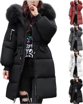 Winter Coats for Women with Faux Fur Hood Cotton Padded Down Jacket Mid Length Overcoat Warm Paraka Zipper Coat