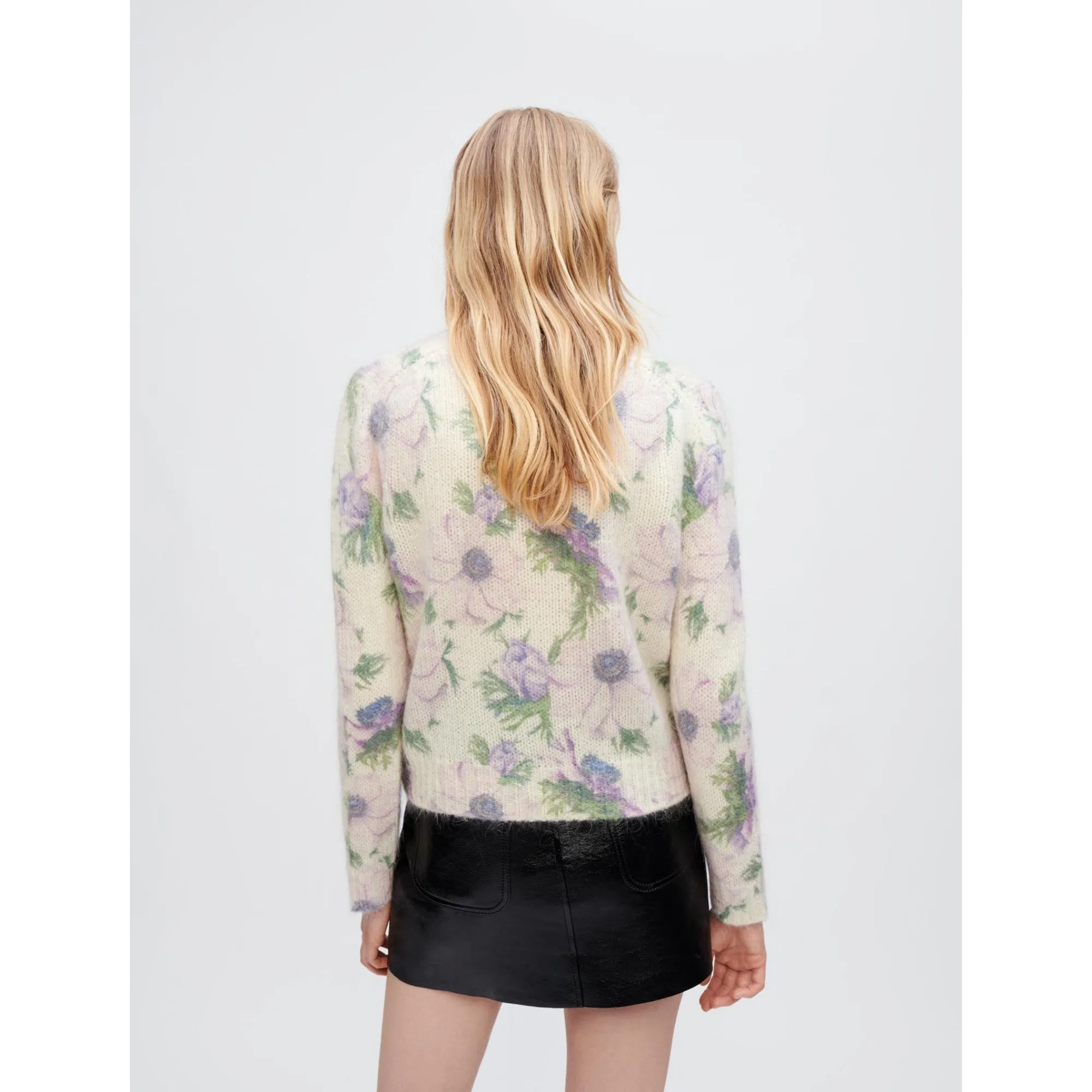 Women Flower Fluffy Jacquard Sweater - Purple