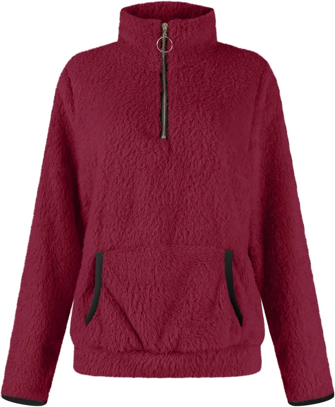 Women Sherpa Fleece Pullover Quarter Zip Long Sleeve Fluffy Soft Sweaters Jacket Plus Size Winter Coats with Pockets