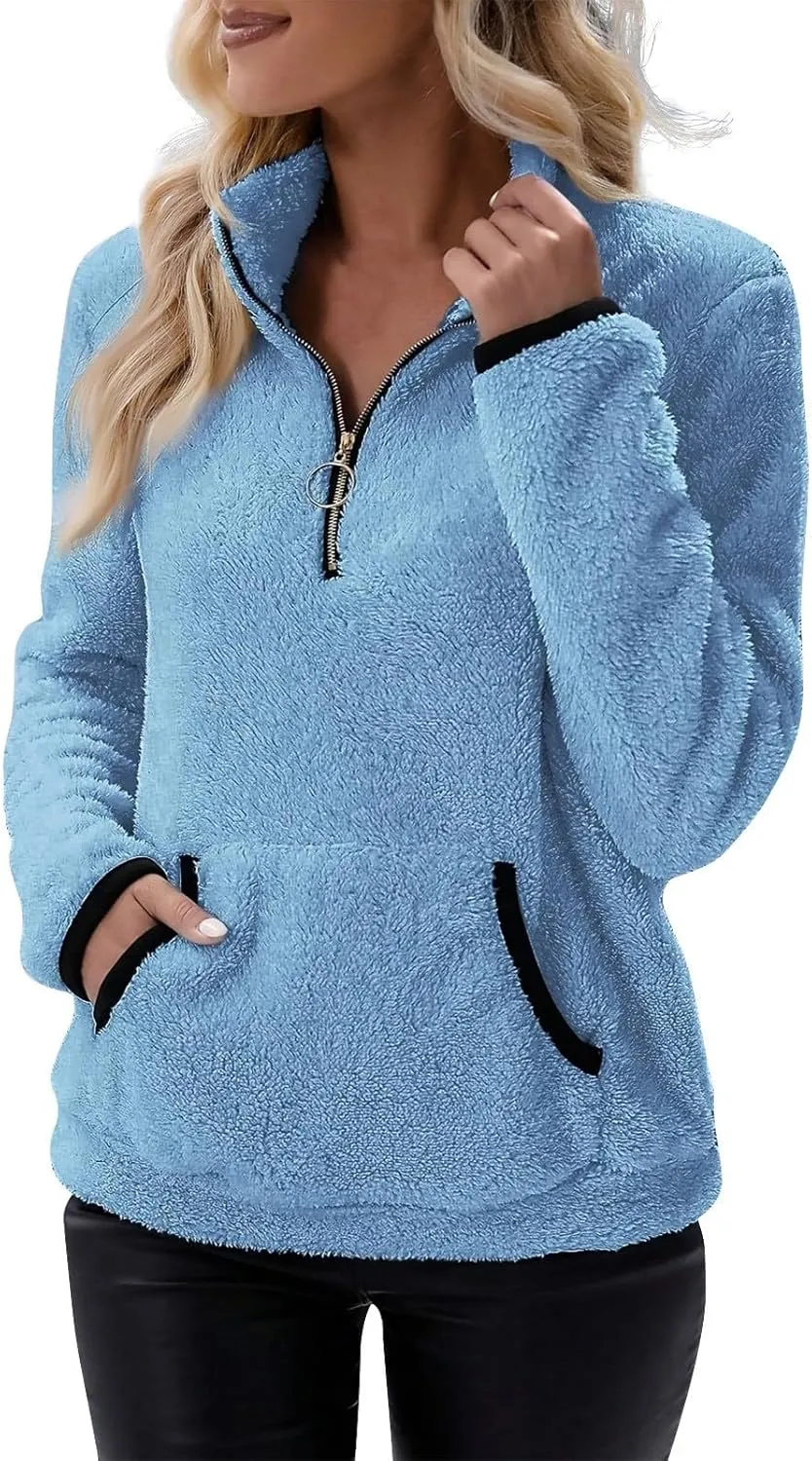 Women Sherpa Fleece Pullover Quarter Zip Long Sleeve Fluffy Soft Sweaters Jacket Plus Size Winter Coats with Pockets