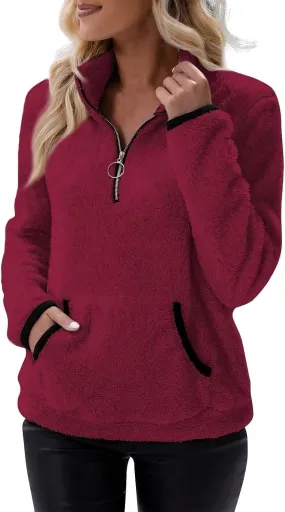 Women Sherpa Fleece Pullover Quarter Zip Long Sleeve Fluffy Soft Sweaters Jacket Plus Size Winter Coats with Pockets