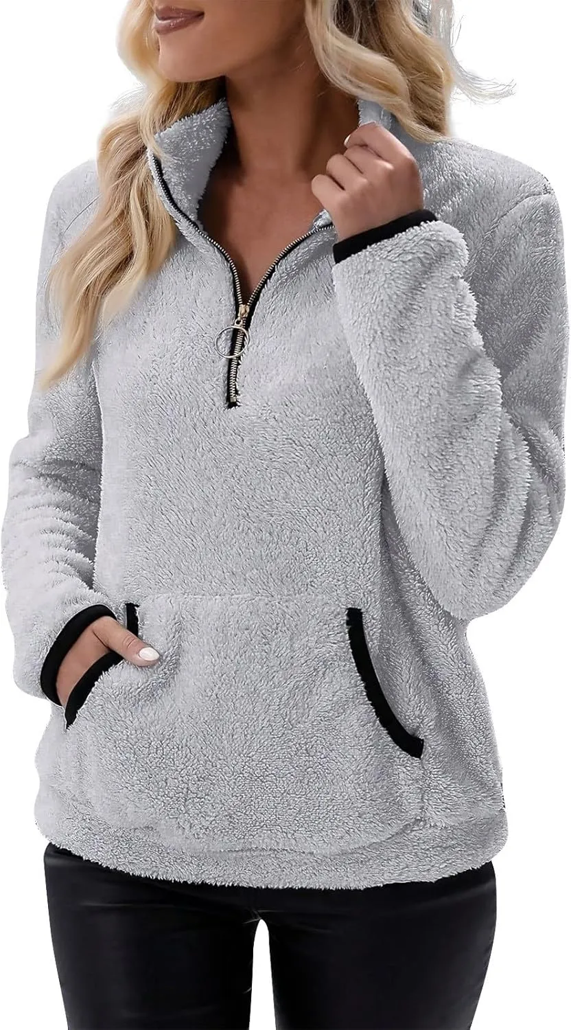 Women Sherpa Fleece Pullover Quarter Zip Long Sleeve Fluffy Soft Sweaters Jacket Plus Size Winter Coats with Pockets