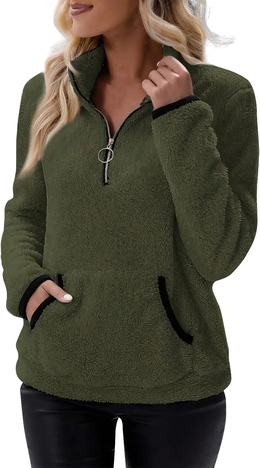 Women Sherpa Fleece Pullover Quarter Zip Long Sleeve Fluffy Soft Sweaters Jacket Plus Size Winter Coats with Pockets
