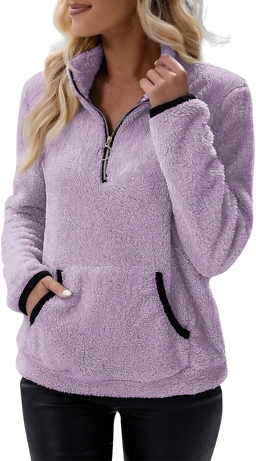 Women Sherpa Fleece Pullover Quarter Zip Long Sleeve Fluffy Soft Sweaters Jacket Plus Size Winter Coats with Pockets