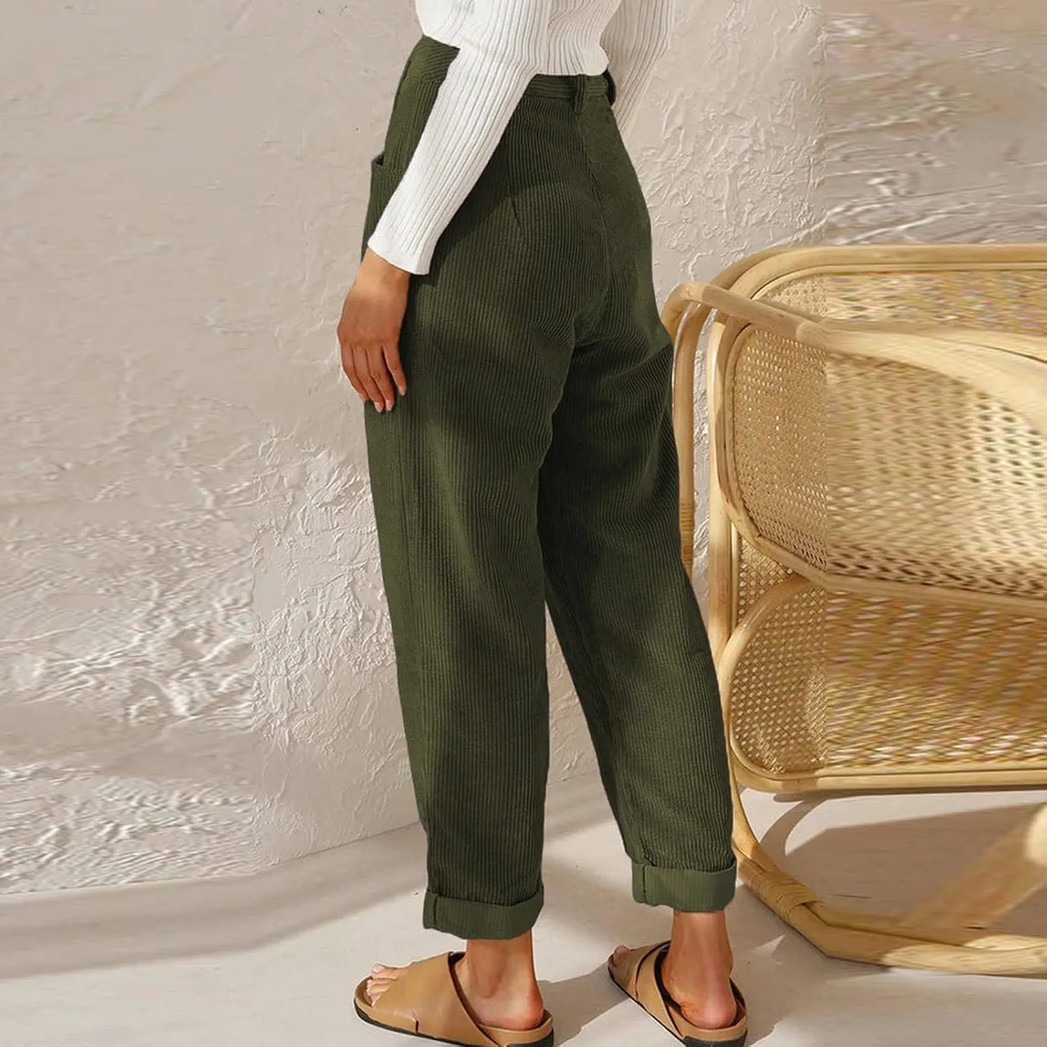 Womens Corduroy Pants Casual Button High Waisted Pants Stretchy Straight Leg Pants Wide Leg Lounge Pants with Pockets