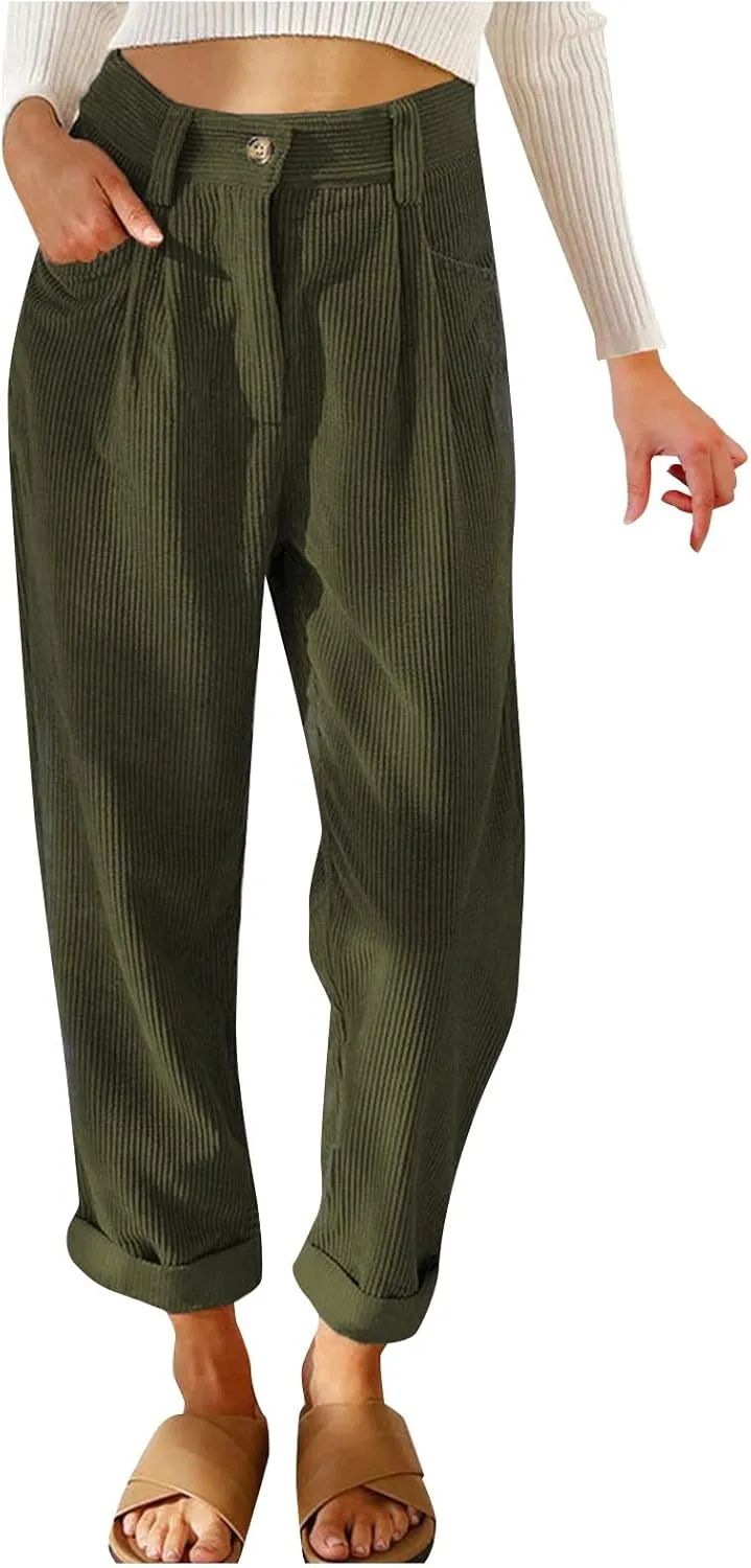 Womens Corduroy Pants Casual Button High Waisted Pants Stretchy Straight Leg Pants Wide Leg Lounge Pants with Pockets