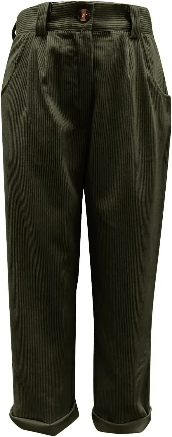Womens Corduroy Pants Casual Button High Waisted Pants Stretchy Straight Leg Pants Wide Leg Lounge Pants with Pockets
