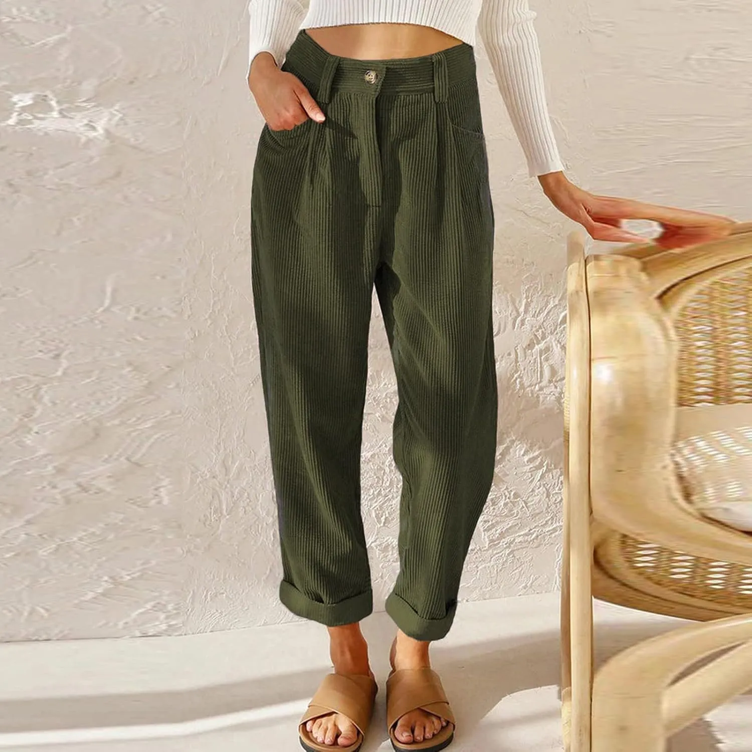 Womens Corduroy Pants Casual Button High Waisted Pants Stretchy Straight Leg Pants Wide Leg Lounge Pants with Pockets