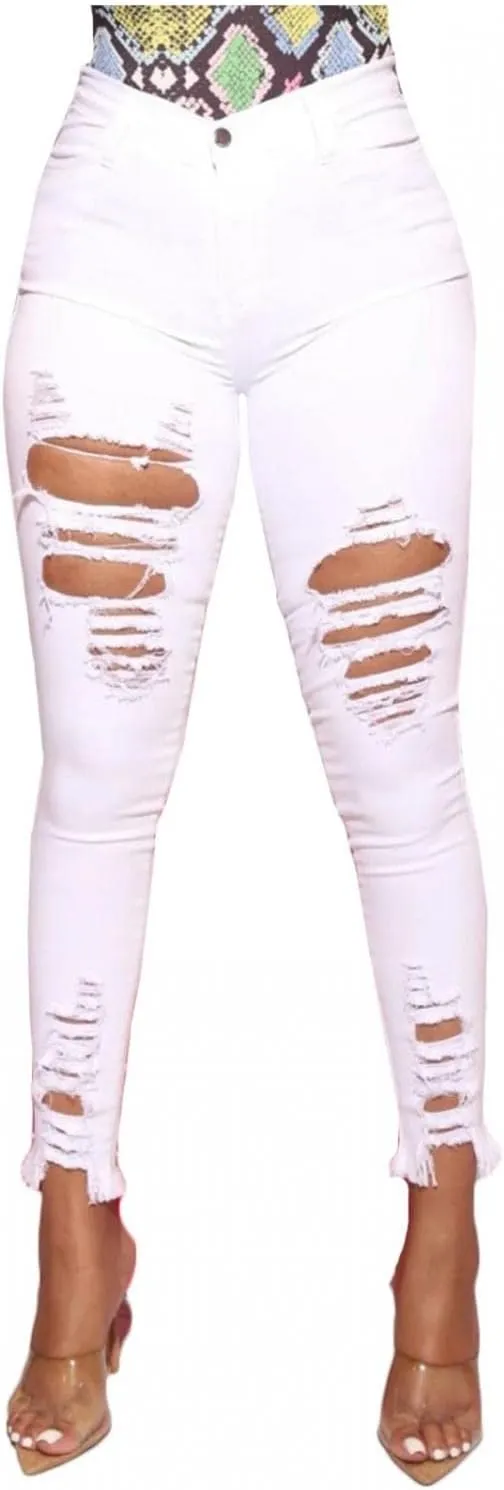 Womens High Waist Ripped Jeans Distressed Ripped Butt Lifting Skinny Jeans Skinny Stretch Knee Denim Leggings Pants