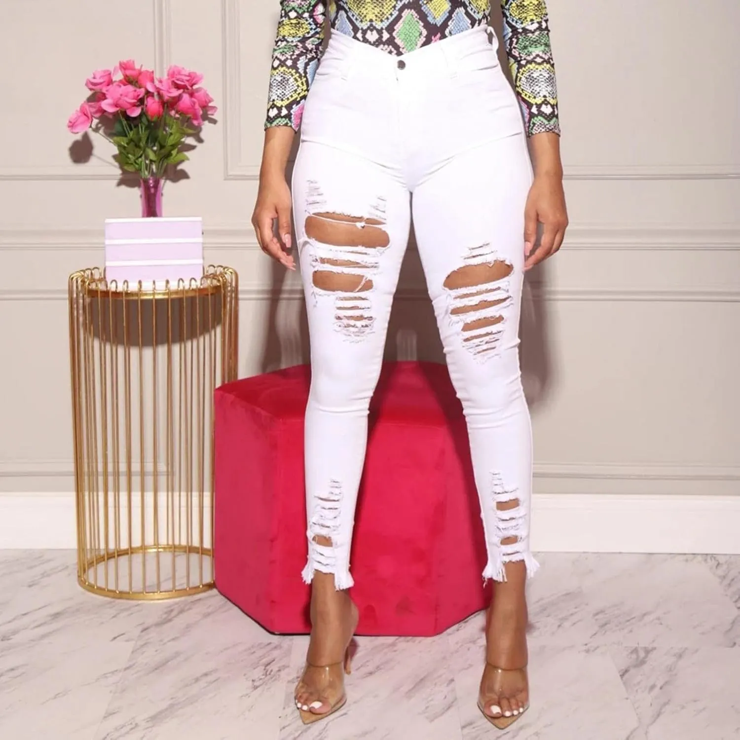 Womens High Waist Ripped Jeans Distressed Ripped Butt Lifting Skinny Jeans Skinny Stretch Knee Denim Leggings Pants