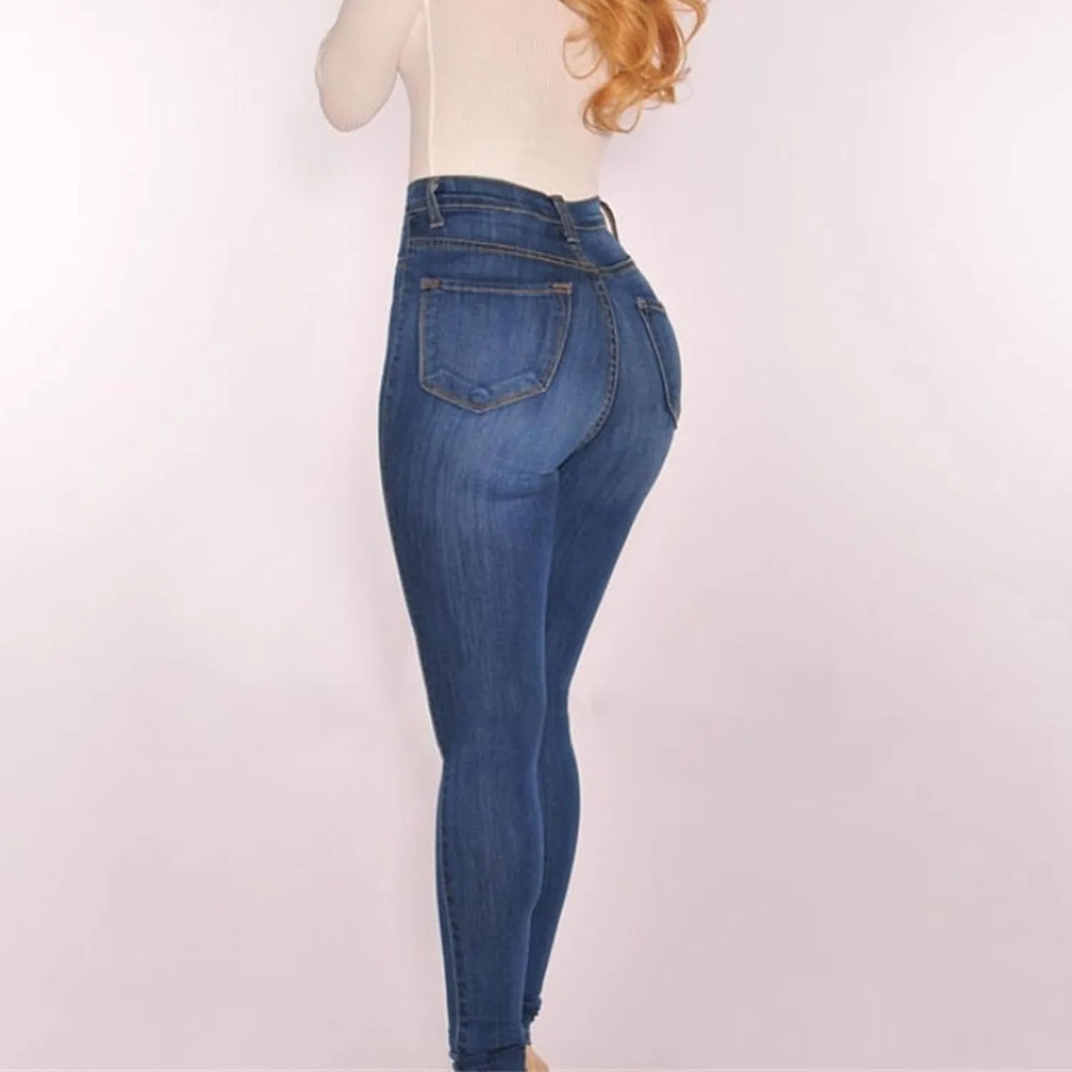 Women's High Waist Sexy Stretch Slim Jeans Pocket Button Fashion Skinny Straight Stretch Women's Dark Washed Jeans