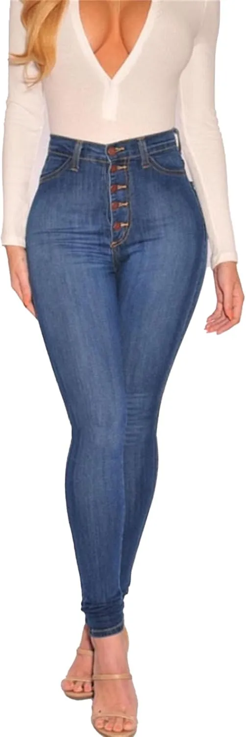 Women's High Waist Sexy Stretch Slim Jeans Pocket Button Fashion Skinny Straight Stretch Women's Dark Washed Jeans
