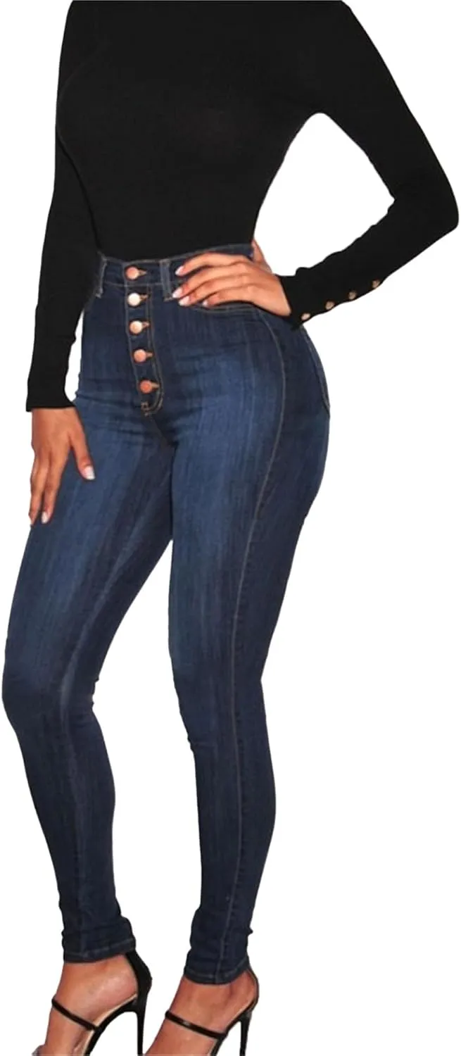 Women's High Waist Sexy Stretch Slim Jeans Pocket Button Fashion Skinny Straight Stretch Women's Dark Washed Jeans