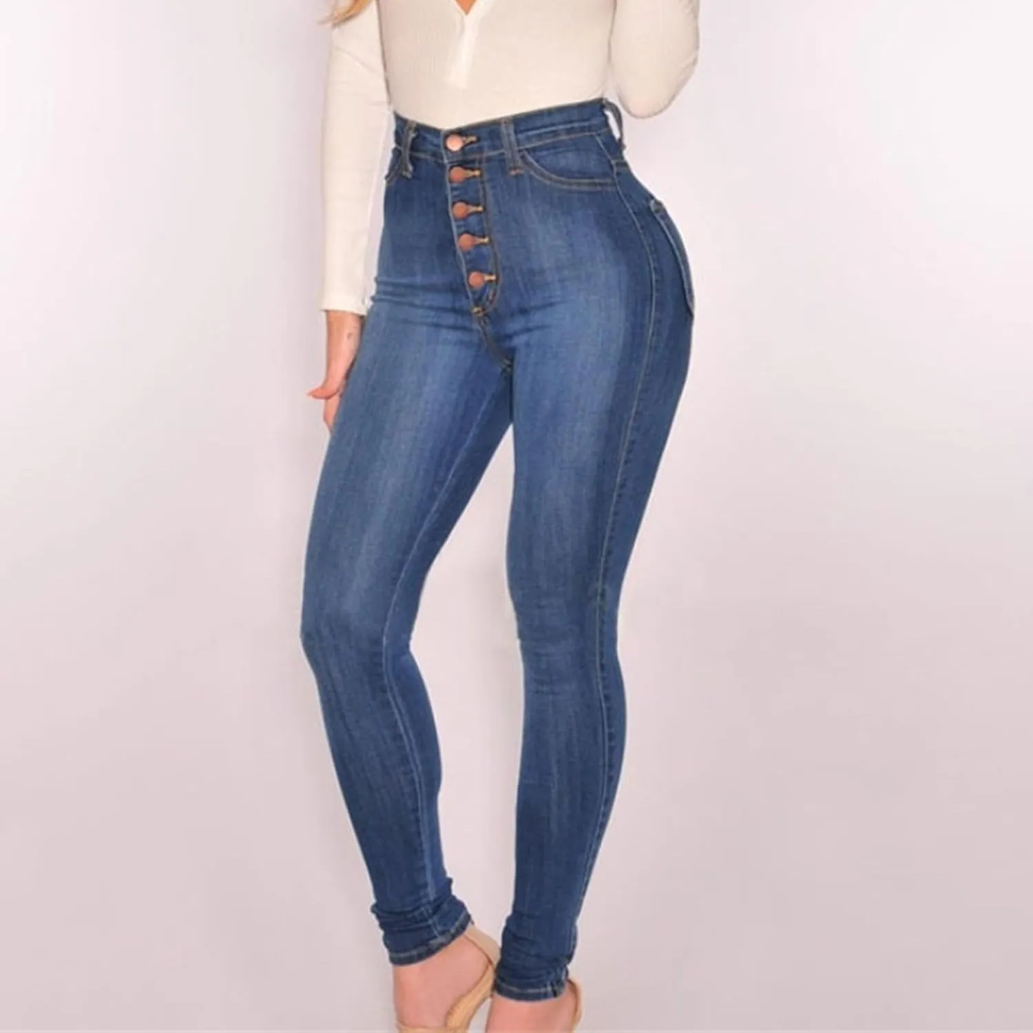 Women's High Waist Sexy Stretch Slim Jeans Pocket Button Fashion Skinny Straight Stretch Women's Dark Washed Jeans