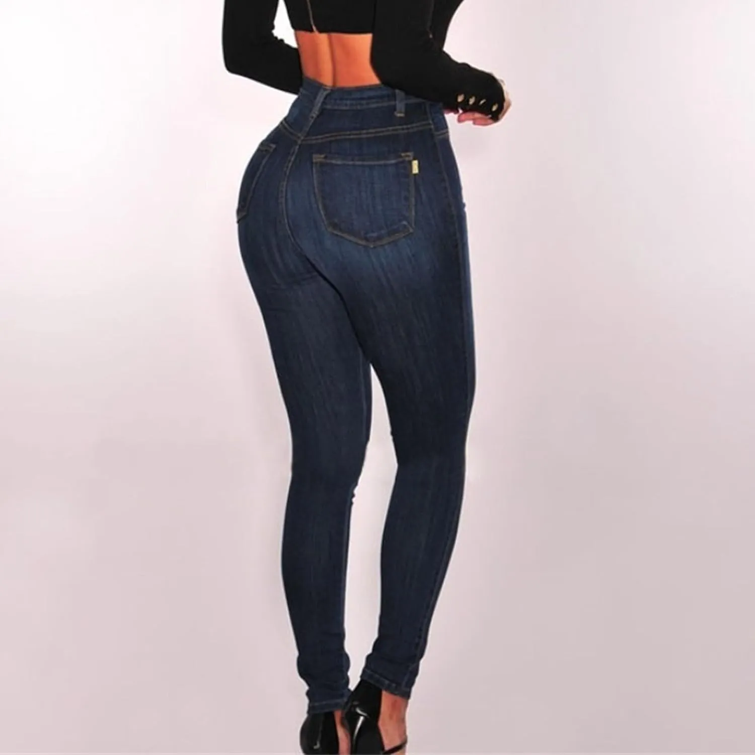 Women's High Waist Sexy Stretch Slim Jeans Pocket Button Fashion Skinny Straight Stretch Women's Dark Washed Jeans