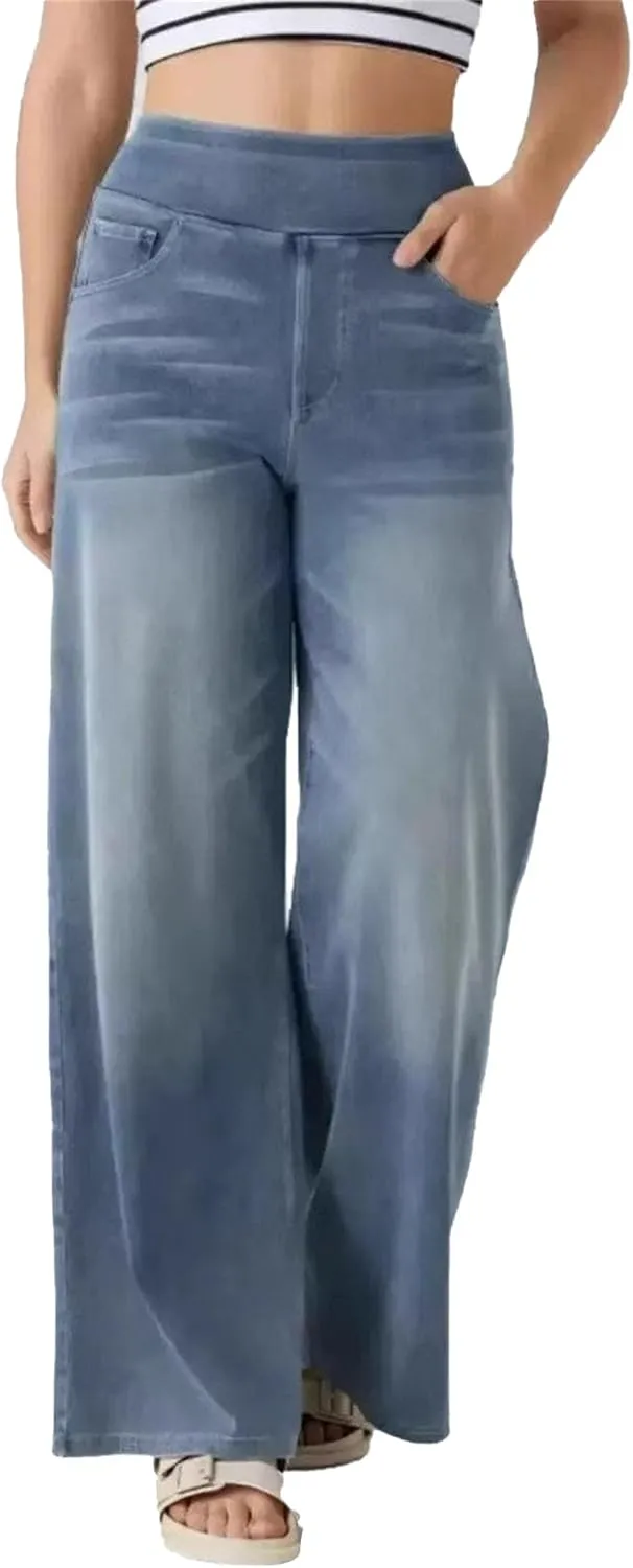 Women's Loose Fit High Waist Jeans Business Casual Pants Fashion Skinny Pocket Stretch Straight Jeans Solid Color