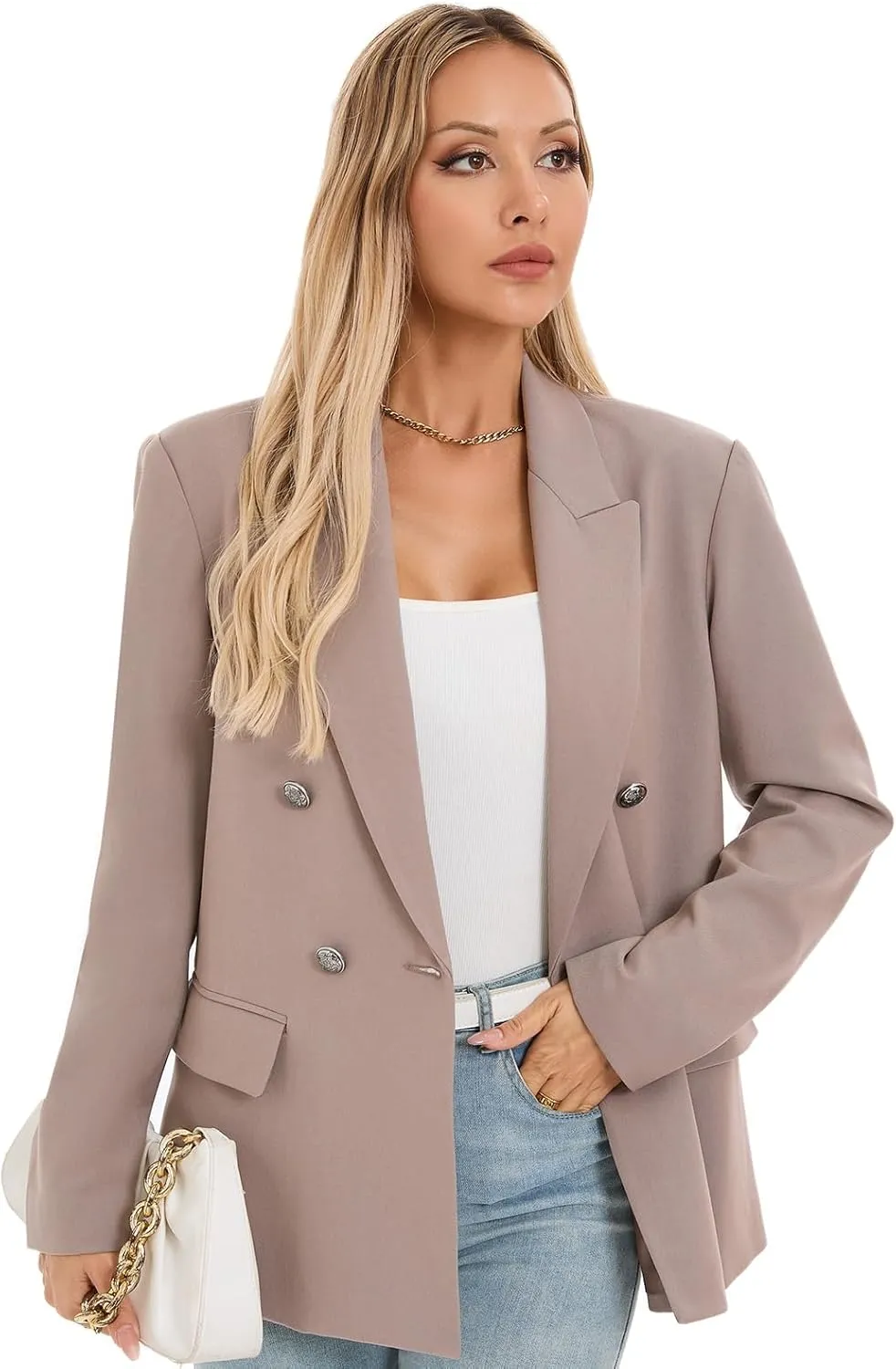 Women's Oversized Blazer Jacket Double-Breasted Suit with Pockets Long Sleeve Outfit for Business Work Office Casual