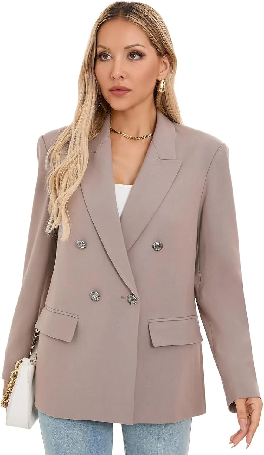 Women's Oversized Blazer Jacket Double-Breasted Suit with Pockets Long Sleeve Outfit for Business Work Office Casual