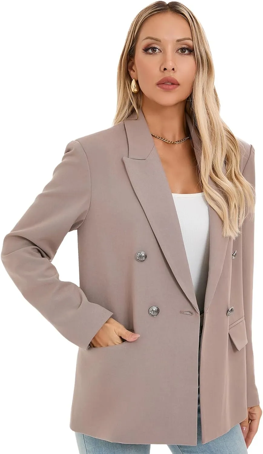 Women's Oversized Blazer Jacket Double-Breasted Suit with Pockets Long Sleeve Outfit for Business Work Office Casual