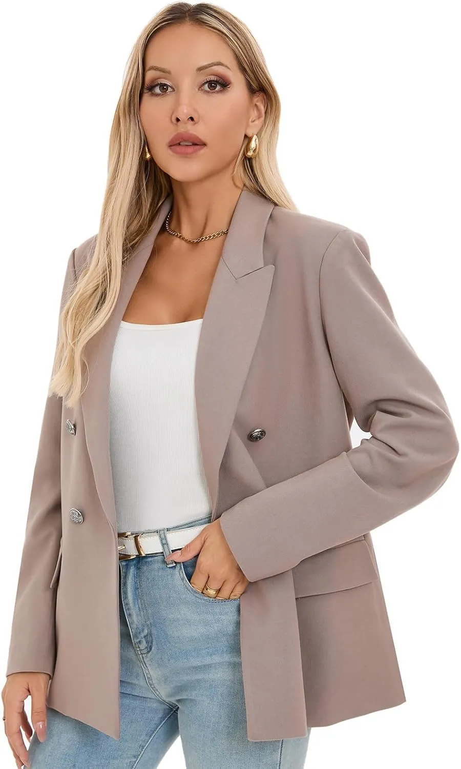 Women's Oversized Blazer Jacket Double-Breasted Suit with Pockets Long Sleeve Outfit for Business Work Office Casual