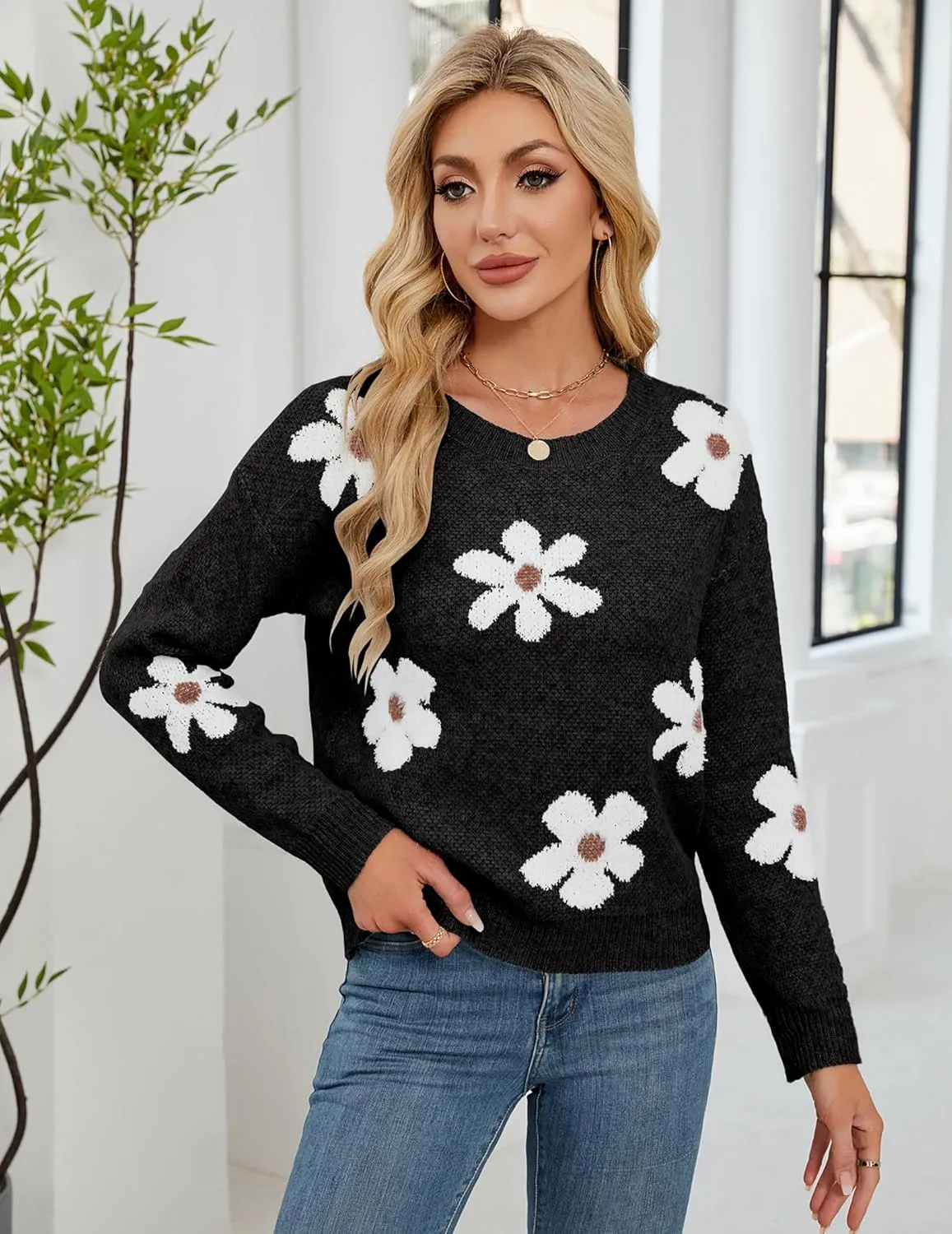 Womens Oversized Cute Fluffy Flower Sweater Spring 2025 Trendy Outfits Crew Neck Knit Pullover Top