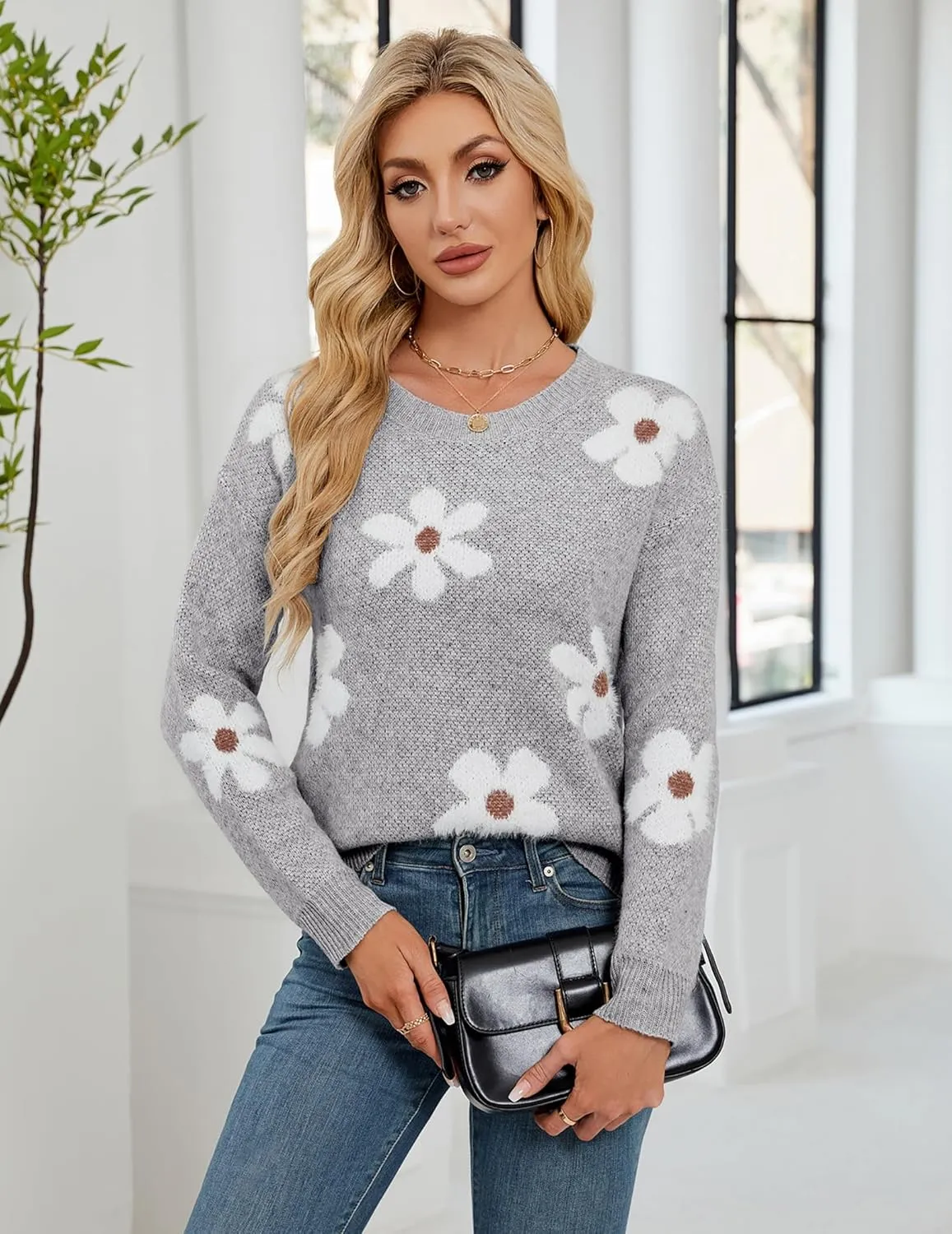 Womens Oversized Cute Fluffy Flower Sweater Spring 2025 Trendy Outfits Crew Neck Knit Pullover Top